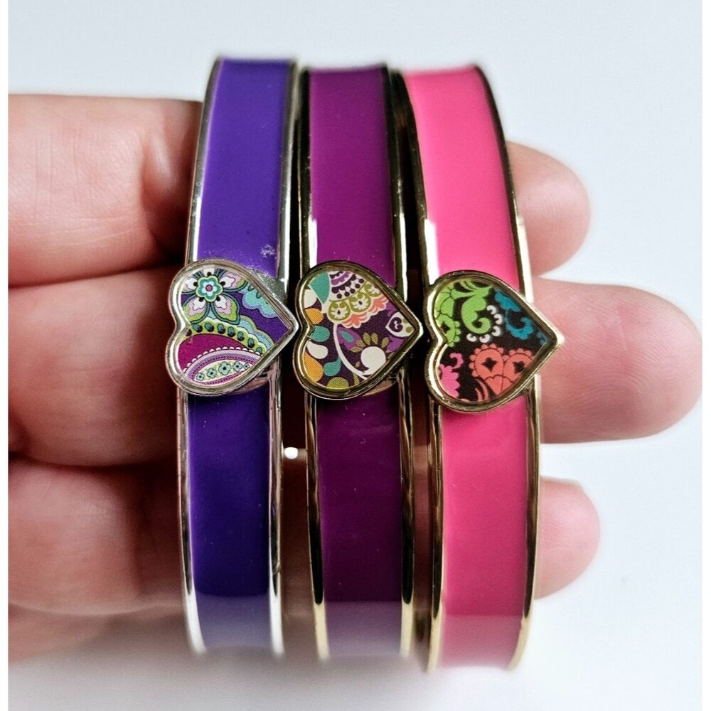 3 Vera Bradley Enamel Hinged Bracelets Hearts Purple Pink Silver Gold